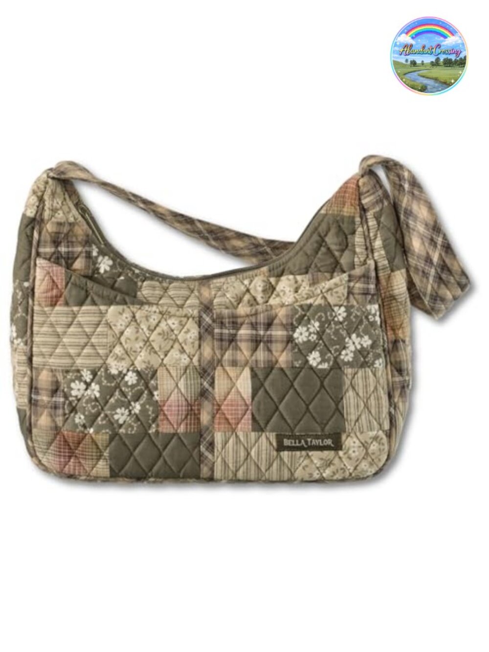 Quilted Cotton Hobo Shoulder Bag with Zipper Closure and Multiple Pockets